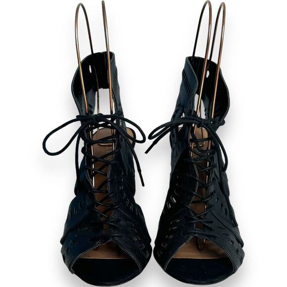Nine West Black Leather Open Toe Lace Up Heels Ankle Bootie Women’s Size 8 - Picture 5 of 9